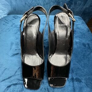 St. John Black Patent Slingback Heels with Gold Buckle size 7.5 M